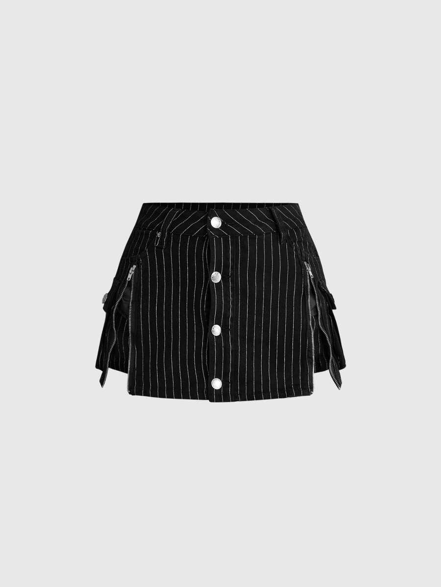 ROMWE Y2K Dark Gothic Striped Zipper Design Women's Denim Skirt - Black - View 1