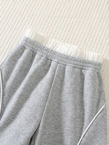 SHEIN 小男孩休閒日常百搭 Y2K 舒適雙層腰頭設計撞色芽苗抽繩寬鬆長款運動長褲 - 灰色 - 查看 3
