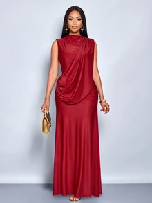 SOLERSUN Women's Autumn/Winter Party Dress, Red Shiny Fabric, High Neck, Sleeveless, Backless, Ribbon Decor, Ruched Hip, Extra Long - Burgundy - View 6