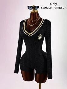 Amplova Women's Preppy V-Neck Cinched Waist Ultra Short Mini Romper - Black - View 8