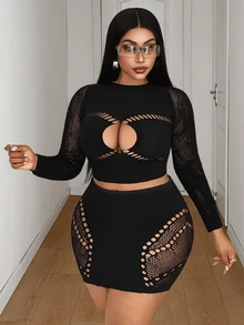 Maweii Plus Size Women Solid Color Hollow Out Long Sleeve Top And Mini Skirt Fashion Set - Black - View 4