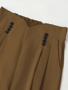GlowEve CURVE Plus Size Women Solid Color Asymmetric Waistband With Contrasting Resin Button, Back Elastic Waist, Hand Pocket Pleated Wide Leg Pants - Khaki - View 4
