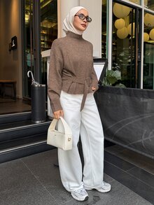 DAZY Women's Solid Color Sweater With Belt, Urban Renaissance Street Style, Casual Fashion, Creative Personalized Streetwear - Khaki - View 8