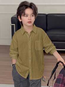 Dazy Kids 男童大童寬鬆休閒長袖秋季基礎襯衫上衣 - 軍綠色 - 查看 6