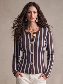 SHEIN Slim Fit Elegant French Contrast Color Brown And Blue Stripe Long Sleeve Knit Cardigan Office Brunch Fall - Multicolor - View 4