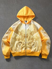 ROMWE MEN 男士寬鬆華夫格布料天使印花拉鍊連帽外套 - 黃色 - 查看 1