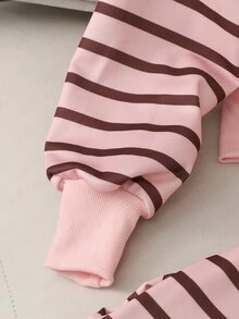 SHEIN 青少年女孩抓絨內裡條紋連帽衛衣與運動長褲2件套：保暖冬季休閒連帽運動服 - 粉色 - 查看 4