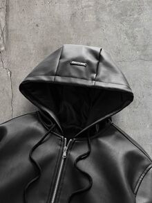 AXEPEAK 男士拉鍊雙口袋休閒時尚百搭抽繩連帽皮夾克 - 黑色 - 查看 3