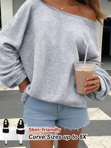 SHEIN CURVE+ Women's Casual Light Gray Off-Shoulder Loose Long Sleeve Sweatshirt, Off-Season Apparel - Grey - View 2