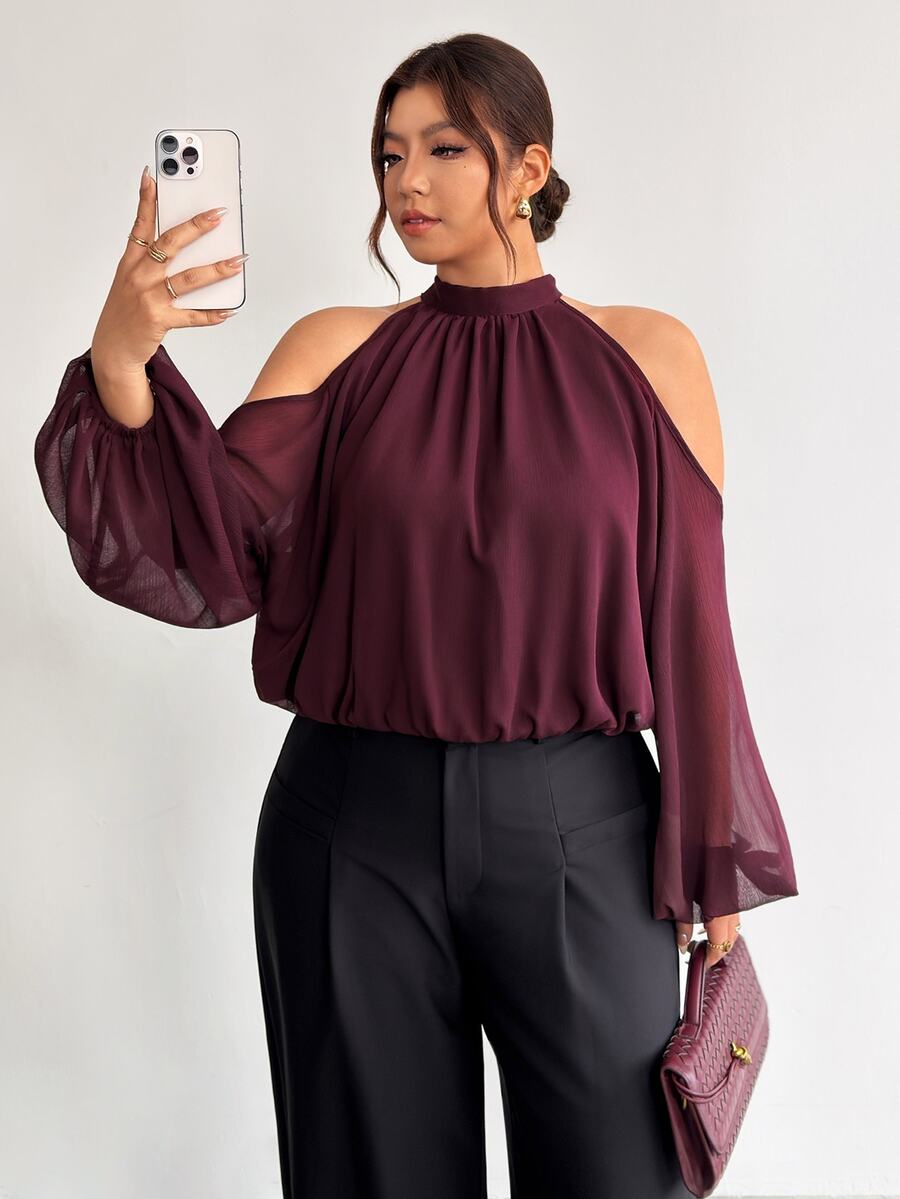 Firerie Women's Plus Size Halter Neck Cold Shoulder Purple Fashion Blouse - Red Violet - View 1