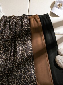 SHEIN Vacaura 3件組女款美式復古寬腿長褲套裝，校園通勤日常出行，春夏/秋冬，豹紋與純色彈性腰垂墜寬鬆直筒休閒長褲 - 彩色 - 查看 5