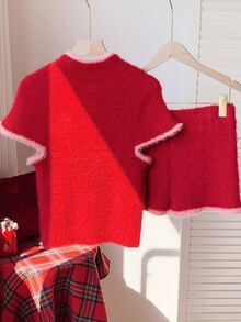Comfortcana Women's Short Fitted Short Sleeve Top And Shorts Trim Color Block Knit Sweater 2 Pieces Set - Red - View 2