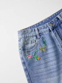 SHEIN MOD 女款花卉刺繡口袋鈕扣水洗休閒牛仔褲 - 藍色 - 查看 3