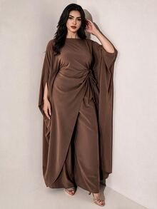 Veilorie 大尺碼女款春夏/秋冬純色圓領前綁帶罩衫與長褲兩件套 - 棕色 - 查看 7