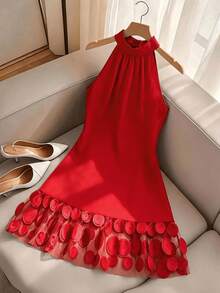 GlowEve CURVE Plus Size Women's Elegant Patchwork 3D Mesh Halter Neck Dress - Red - View 4