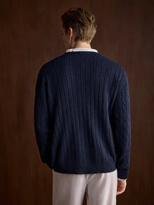 Manfinity CityGents Men's Knight Embroidery Long Sleeve Casual Crew Neck Knit Sweater - Navy Blue - View 7