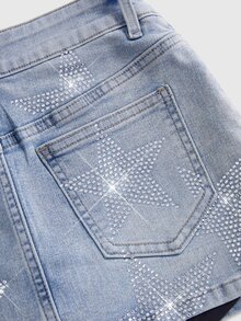 ROMWE Women's Autumn Y2K Millennium Retro Star Rhinestone Bodycon Skirt - Light Wash - View 4