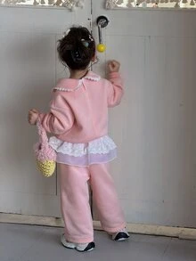 DAZY Setelan Sweatshirt 2 Potong Gaya Korea Kerah Peter Pan untuk Bayi Perempuan, Warna Polos, Kasual Musim Gugur/Dingin - Baby Pink - View 2
