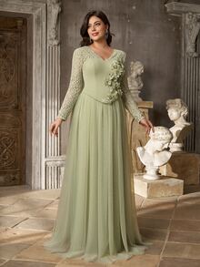 Aureia Plus Size Elegant Romantic Eyelash Lace Contrast Mesh A-Line Long Dress With 3D Floral Handmade Rhinestone Decor, Suitable For Wedding, Vacation, Prom, Bridesmaid, Formal Evening Gown - Green - View 7