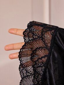 Slumberist Contrast Sheer Lace Satin Cami Top & Pants PJ Set - Black - View 9