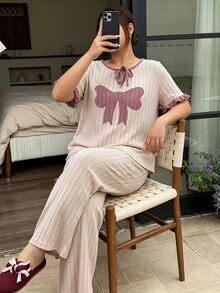 Napfluff CURVE Napfluff CURVE Plus Size Women's Casual Knit Jacquard Embroidered Tie-Front Loungewear Pajama Set - Apricot - View 1