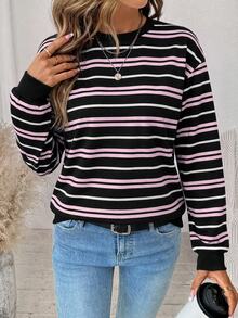 SHEIN LUNE Social Clothing 女款復古圓領撞色橫條紋休閒時尚寬鬆百搭長袖衛衣 - 彩色 - 查看 5