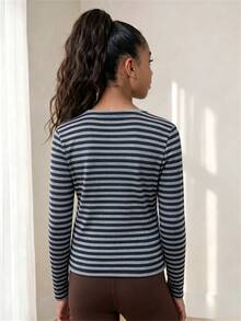 SHEIN Teen Girls Gray & Black Striped Collar Button Decor Lace Trim Design Long Sleeve Casual Versatile T-Shirt, Suitable For Spring & Autumn, Perfect For Daily Wear, Commuting, Travel, And Gatherings - White - View 3