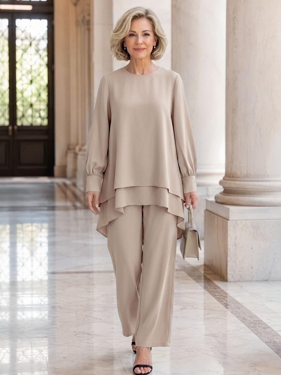 EMERY ROSE Middle-Aged Women's Solid Color Long Sleeve Top With Asymmetrical Hem And Long Pants, Comfortable And Minimalist, Suitable For Daily Wear And Outings