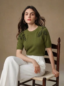Anewsta Elegant Romantic Design Round Neck Raglan Sleeve 3D Embroidered Decor Women's Knit Top - Green - View 2