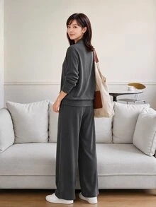 Yumoku Bộ thời trang nữ nửa khóa kéo, áo nỉ dài tay dáng ôm mùa đông mới và quần ống rộng, set 2 món - Xám - Xem 2