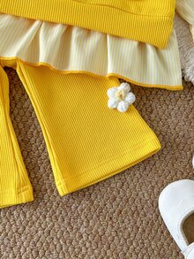 SHEIN 2pcs Baby Girls Top Flare Pants Cute Sweet Bright Yellow Floral Bee Ruffle Flutter Sleeve Round Neck Birthday Fall Long Sleeve Top Holiday Ribbed Knit - Yellow - View 7