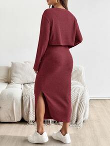SHEIN Maternity Solid Color Round Neck Short Sleeve Top And Skirt 2 Pieces Set - Burgundy - View 2