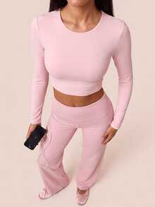 SHEIN BAE Women's Solid Color Casual Daily Wear Sports T-Shirt - Baby Pink - View 3