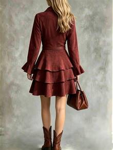 SHEIN Spring Coffee-Colored Long Sleeve Dress, Flared Sleeves With Multi-Layered Ruffle Hem And Waist Belt, Elegant Style, Suitable For Graduation, Christmas, Commuting, Vacation And Other Occasions. Women's Elegant Dress - Coffee - View 2