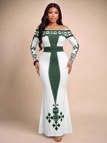 Brilight Geo Print Off Shoulder Long Sleeve Maxi Bodycon Dress Pattern Slim Mermaid Gown For Party Wed - White - View 4