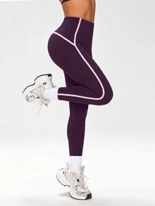 Dewbera Dewbera 女款秋季運動緊身褲，深色水洗修身款，9/10長度，拼色拼接配滾邊，常規腰頭，休閒可愛七分褲，適合跑步、瑜伽、健身房 - Purple Wisdom - 查看 3