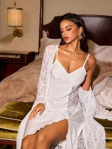 Slumberist Lace Panel Cami Sleep Dress & Robe Pajama Set - White - View 6