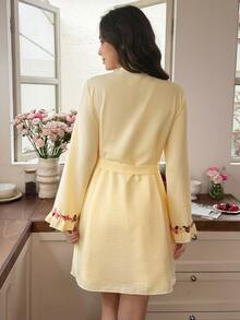 Snug Reverie Floral Embroidery Ruffle Hem Cami Sleep Dress & Belted Robe PJ Set - Yellow - View 2