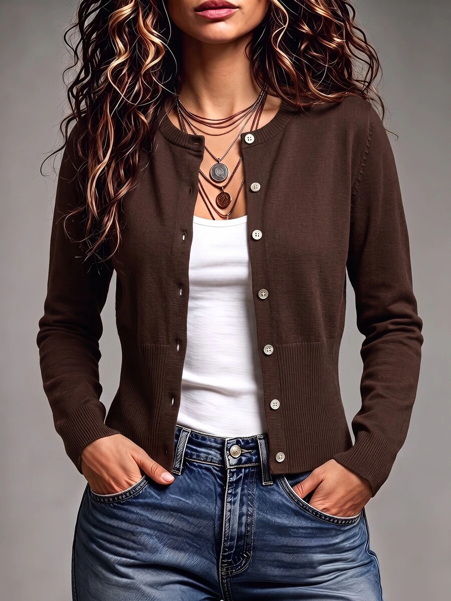 SHEIN Women's Round Neck Long Sleeve Simple Commute Cardigan - Coffee Brown - View 1