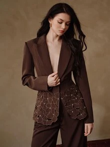 Anewsta Women's New Vintage Elegant Party Evening Heavy Embroidery Hollow Out Long Sleeve Rhinestone Bling Blazer - Brown - View 1