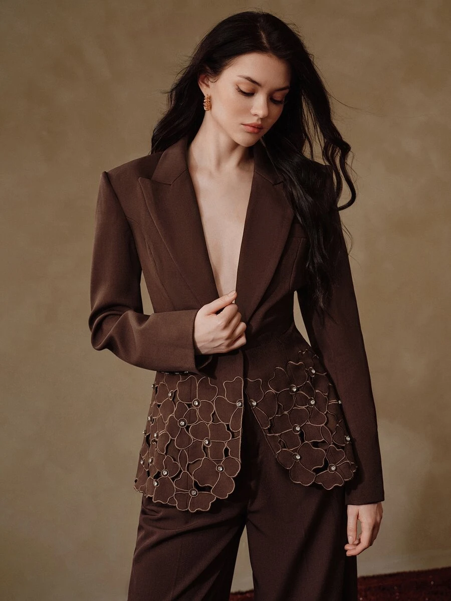 Anewsta Women's New Vintage Elegant Party Evening Heavy Embroidery Hollow Out Long Sleeve Rhinestone Bling Blazer - Brown - View 1