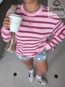 Muchica Plus Size Streetwear Striped Colorblock Long Sleeve T-Shirt - Pink - View 3