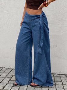 SHEIN Tall 女款側腰綁帶水洗休閒牛仔寬腿褲 - 中等水洗藍 - 查看 6
