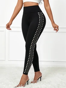 SHEIN Lady Women's Studded Decor Casual Daily Slim Fit Leggings - Black - View 1