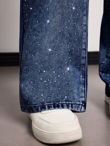 SHEIN Tall 女款水鑽裝飾口袋寬腿寬鬆休閒牛仔褲 - 深色水洗藍 - 查看 6