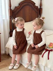 Young Girls Pocket Decor Short Pinafore Dress - Brown - View 8