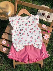 Baby Girl Casual Fashion Cute Flutter Sleeve Round Neck Top, Suitable For Spring And Summer - Multicolor - View 1