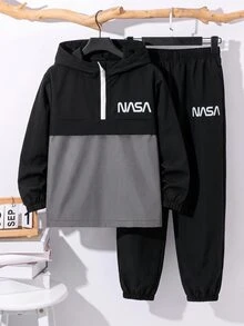 SHEIN 2件組兒童小男孩休閒拼接連帽半拉鍊套頭寬鬆長袖外套與寬鬆慢跑長褲，梭織兩件套，適合學校、花園、海灘、生日，春夏秋冬四季皆宜 - 彩色 - 查看 4