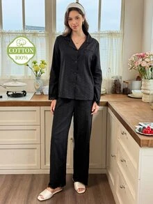 Snug Reverie Women's 100% Pure Cotton Black Open Front Pajama Set, Minimalist Fresh Lace Trim Loungewear Set - Black - View 7