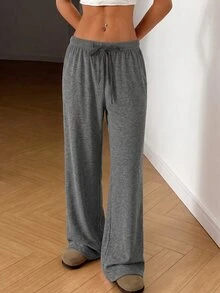 SHEIN EZwear 女款大尺碼高腰寬鬆長褲 秋季 - 灰色 - 查看 3